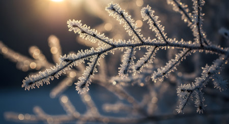 A close-up of a pine branch heavily coated in frost, with a soft, warm light filtering through the background.の素材