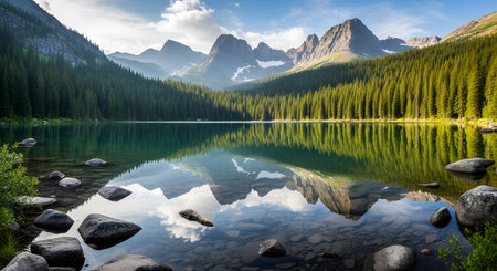 A crystal-clear mountain lake perfectly mirrors the dramatic, jagged peaks and dense evergreen forest under a bright, cloudy sky.の素材