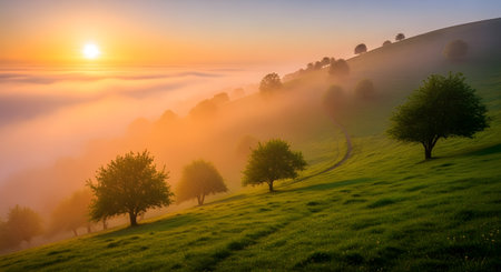 Golden sunrise illuminates a misty valley, casting an orange glow over a green, tree-lined mountainside.の素材