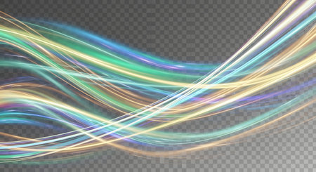 Dynamic, colorful light trails swirl and weave across a transparent background, creating an abstract, ethereal effect.の素材