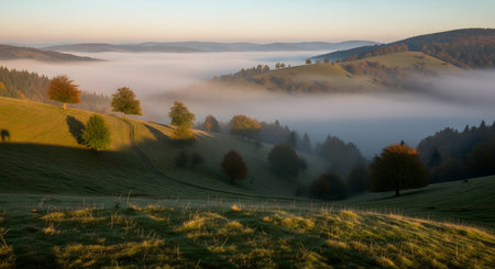 A serene mountain valley bathed in the soft light of sunrise, with fog rolling through the trees and hills.の素材