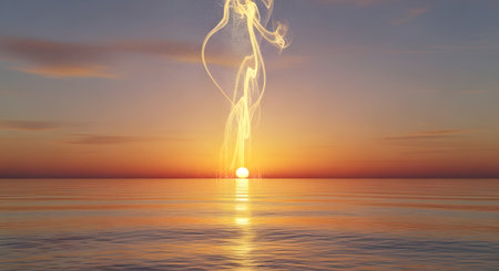 A powerful lightning bolt descends from the sky, illuminating the horizon during a vibrant sunset over a tranquil sea.の素材