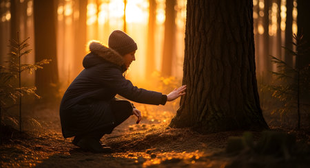 A person wearing a beanie and jacket crouches near a tree trunk, bathed in warm, golden sunlight filtering through the trees.の素材