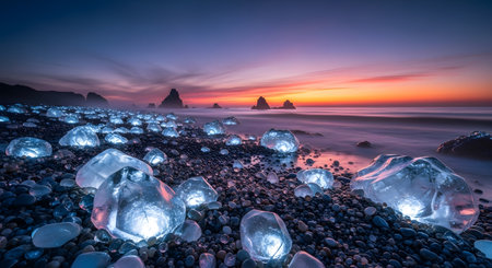 Illuminated ice chunks resembling diamonds scattered on a dark pebble beach with a colorful sunset over the ocean.の素材