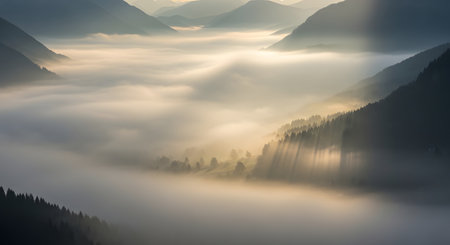 A serene mountain valley bathed in the soft golden light of sunrise, with thick fog obscuring the landscape below.の素材