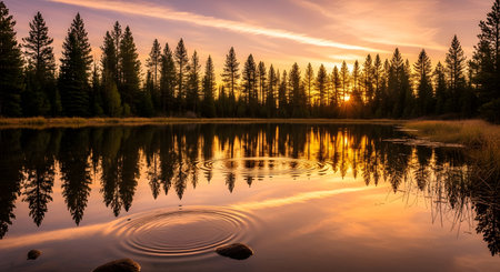A tranquil lake mirrors a vibrant sunset and a dense line of evergreen trees, with ripples disturbing the water's surface.の素材