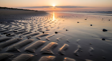 A serene beach scene at sunset with the sun's golden light illuminating the wet sand and creating intricate ripple patterns.の素材