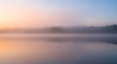 A serene sunrise casts a warm glow over a misty lake, with dark trees forming a silhouette on the horizon.の素材