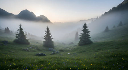 Serene mountain landscape shrouded in morning mist with silhouetted peaks and lush green foreground.の素材
