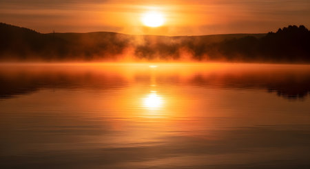 A vibrant sunrise casts a warm golden glow over a calm lake, with mist rising and mountains silhouetted in the background.の素材