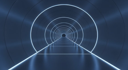 A dark, futuristic tunnel with glowing neon outlines of arches receding into the distance and a highly reflective floor.の素材