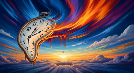 A surrealist painting features a melting pocket watch against a dramatic sky with swirling colors and a bright sunset.の素材