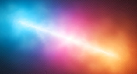 A dynamic abstract background featuring a pixelated gradient transitioning from cool blues and purples to warm oranges and reds, bisected by a bright white light.の素材