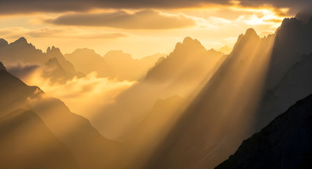 Dramatic sunbeams illuminate jagged mountain peaks shrouded in golden mist and clouds during a breathtaking sunrise.の素材
