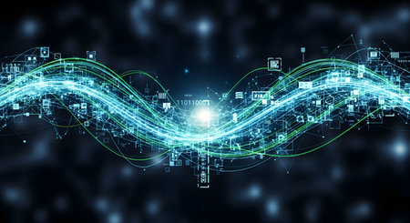 A vibrant, abstract digital waveform pulses with bright blue and green lights, suggesting data flow and technological energy.の素材
