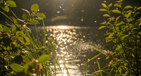 Sunlight glints off rippling water, framed by vibrant green leaves and reeds, creating a serene and luminous natural scene.の素材