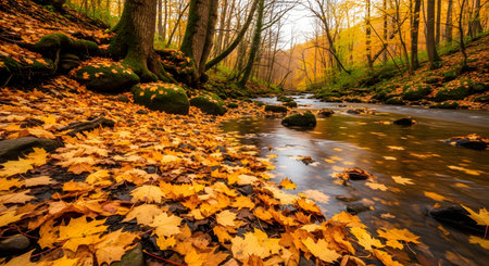 A serene forest stream flows through a vibrant autumn landscape, its banks covered in a carpet of golden fallen leaves.の素材