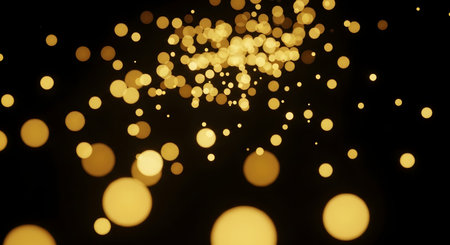 A shower of golden bokeh lights drifts downwards against a deep black backdrop, creating a magical and festive atmosphere.の素材