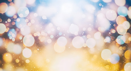 A dreamy, out-of-focus background filled with soft, glowing bokeh circles in warm golden and cool blue tones.の素材