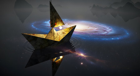 A striking golden starship with intricate details appears to be traveling through the vastness of space, with a vibrant spiral galaxy in the background.の素材