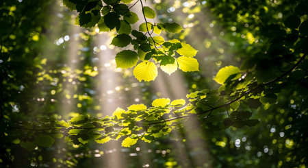 Golden sunbeams pierce through dense green leaves, illuminating the forest floor with a magical, ethereal glow.の素材