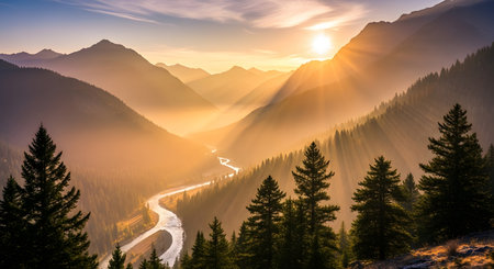 Majestic mountains bathed in warm sunrise light, with a winding road snaking through a misty valley, framed by evergreen trees.の素材