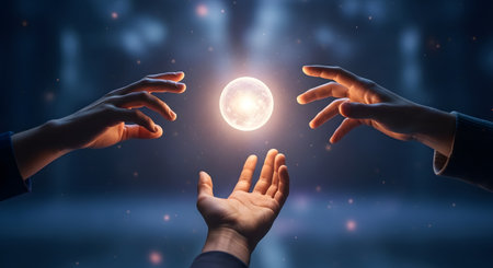 Three hands are outstretched, reaching towards a bright, glowing orb suspended in the air against a dark, atmospheric background.の素材