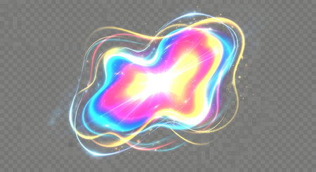 A dynamic, glowing abstract shape with swirling lines of bright, multi-colored light on a transparent background.の素材
