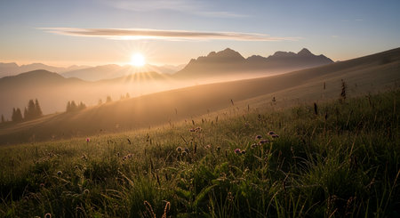 A breathtaking sunrise casts a warm golden glow over a misty mountain range, illuminating rolling hills covered in vibrant green foliage.の素材