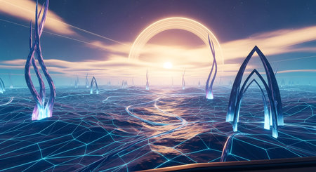 A dreamlike, futuristic seascape featuring shimmering water, illuminated crystalline structures, and a glowing arch in the sky.の素材