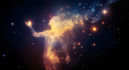 A radiant humanoid figure composed of stardust and nebulae reaches its arm upwards, surrounded by a vibrant celestial expanse.の素材