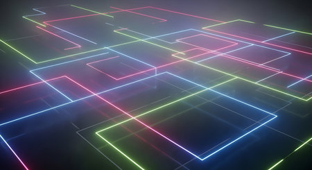 A dark, textured surface is overlaid with a complex, interconnected grid of glowing neon lines in various vibrant colors.の素材