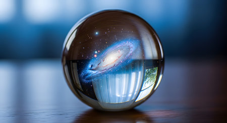 A clear crystal egg, split in half, showcases a swirling galaxy above and a watery reflection below.の素材