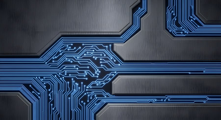 Intricate blue circuit board pathways are etched onto a textured metallic background, suggesting advanced technology and connectivity.の素材