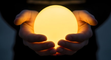 Two hands gently hold a luminous, egg-shaped object emitting a warm, soft yellow light against a dark background.の素材