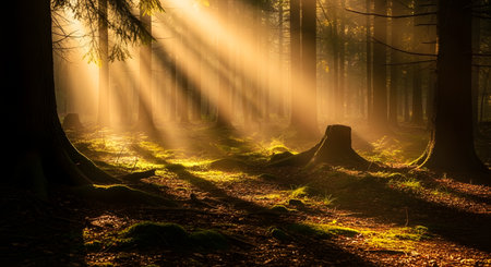 Golden light streams through the trees, highlighting a moss-covered tree stump on the forest floor.の素材