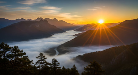 Golden sunrise illuminates a valley filled with fog, surrounded by majestic mountains and silhouetted trees.の素材