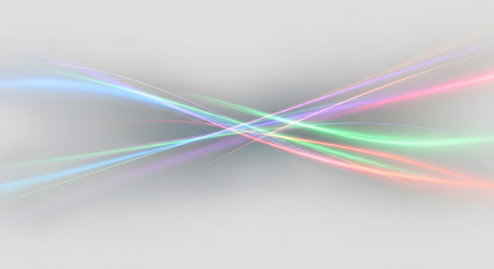 Soft, glowing light trails in pastel colors cross and blend, creating a dreamy, ethereal effect on a subtle gray background.の素材