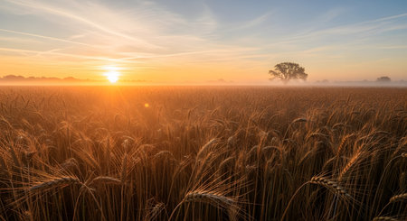 A vibrant sunrise casts a warm glow over a vast, misty wheat field. Distant trees are silhouetted against the bright sky.の素材