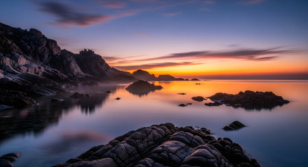 A vibrant sunset paints the sky with fiery colors reflected in the calm ocean waters surrounding dark, rugged rocks.の素材