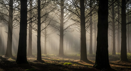 Sunlight streams through the mist in a dense forest, illuminating the ground and tree trunks with a soft glow.の素材