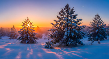 Snow-covered pine trees stand tall against a warm, colorful sunrise casting long shadows on the pristine snow.の素材