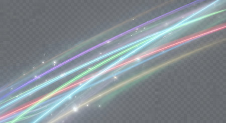 Diagonal streaks of vibrant, glowing light in various colors create an abstract, energetic pattern against a textured dark background.の素材