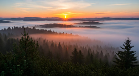 A breathtaking sunrise illuminates a valley filled with rolling fog, casting a warm glow over a dense evergreen forest.の素材