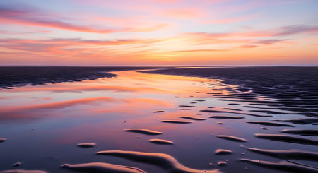 A tranquil beach scene at sunset, with the sky's vibrant colors mirrored in shallow water pools on the rippled sand.の素材