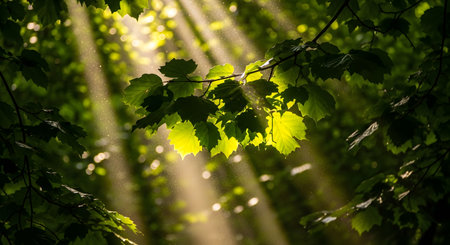 Golden sunbeams pierce through dense green foliage, illuminating leaves and creating a magical, serene forest atmosphere.の素材