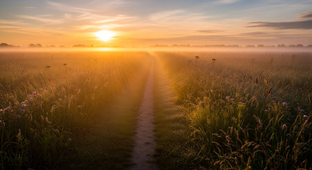A warm, vibrant sunrise casts a golden glow over a misty rural field. A narrow path leads the eye towards the horizon.の素材
