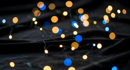 A dark, abstract background filled with out-of-focus, glowing lights in shades of blue and orange.の素材