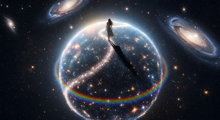 A solitary person stands atop a luminous, bubble-like planet, gazing out at distant galaxies in a cosmic spectacle.の素材