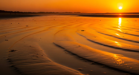 A vibrant orange sunset casts a warm glow on the textured sand, highlighting intricate ripple patterns left by receding waves.の素材